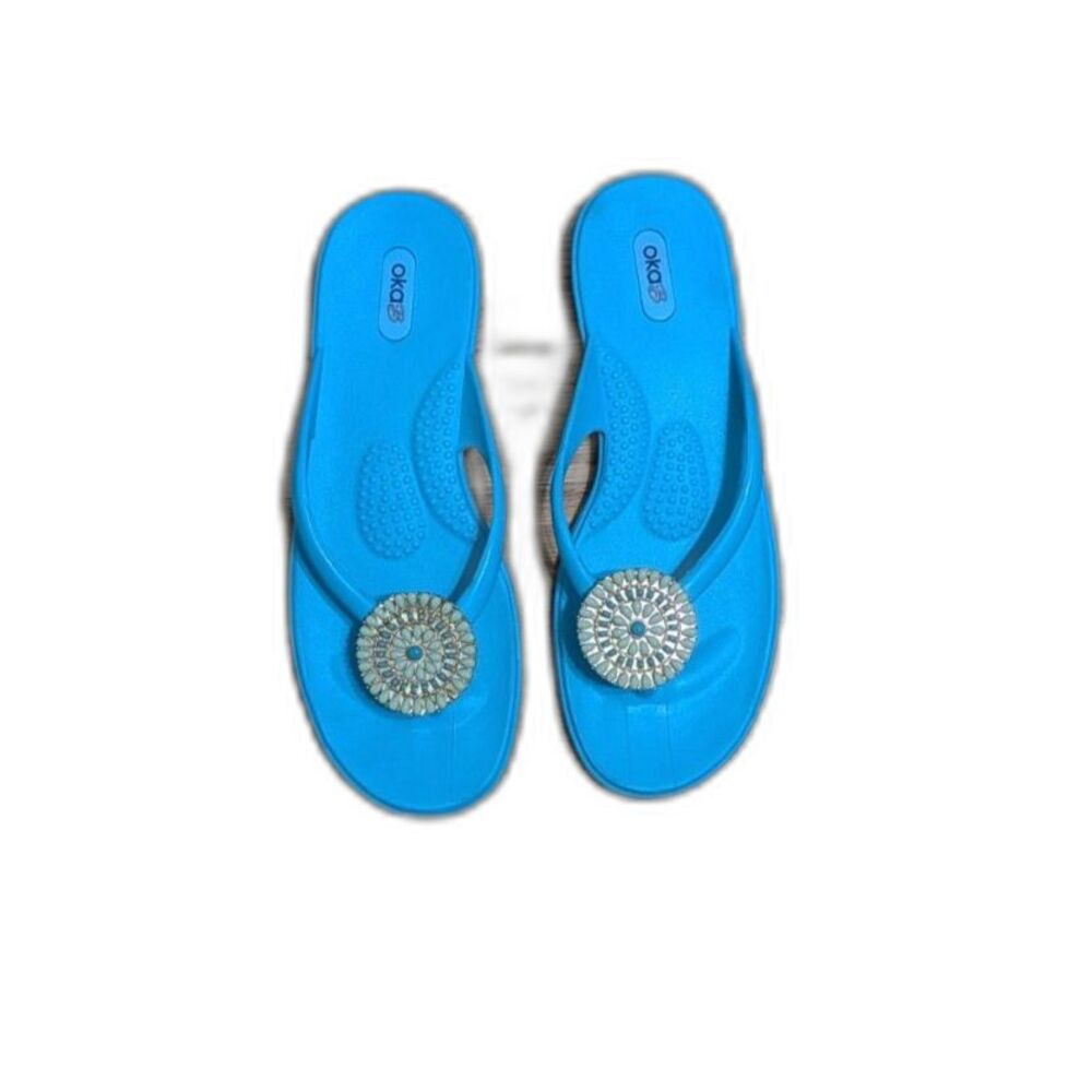 Y2K OKA-B Turquoise Boho Mermaid Core Beaded Medallion Flip Flops Sandals